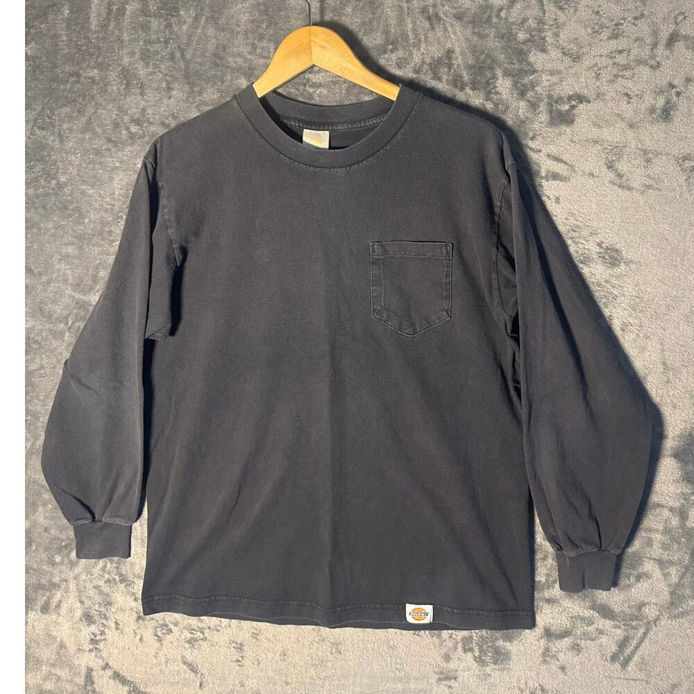 VTG 90s Dickies Long Sleeve Pocket T Shirt Faded Black Blank Made in USA Large